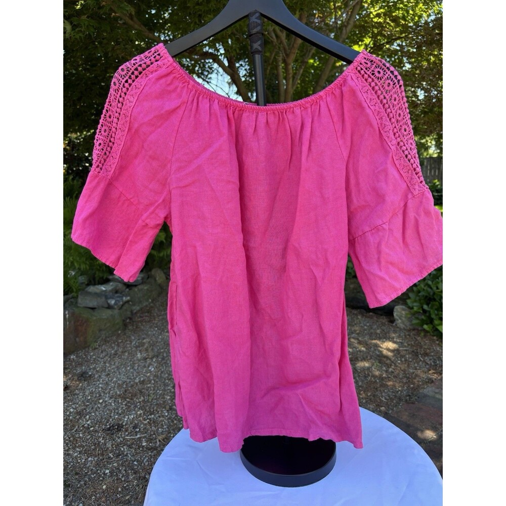 Terzo Millennio Pink Linen Crochet Sleeve Detail Laggenlook Top Large